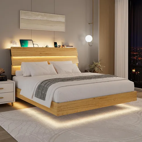 Miniatura 13 de Feonase Base de cama flotante tamaño Queen con luces LED y estación de carga, base de cama de madera tamaño Queen con cabecero de almacenamiento