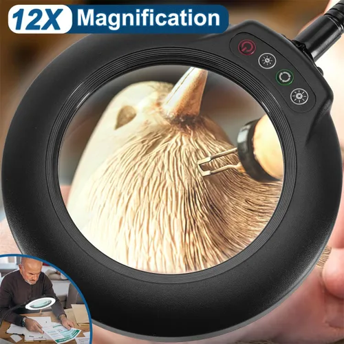 Miniatura 2 de IVMAIE - Lupa de 10 aumentos con luz, lente de vidrio real, 5 modos de color atenuables, lupa iluminada con cuello de ganso flexible con soporte