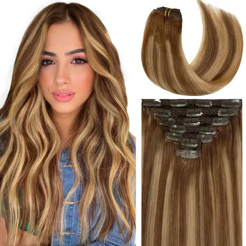 Miniatura 27 de Caliee Extensiones de cabello con pinzas de cabello humano 14 pulgadas Color 1 Negro azabache trama doble invisibles Extensiones de cabello humano