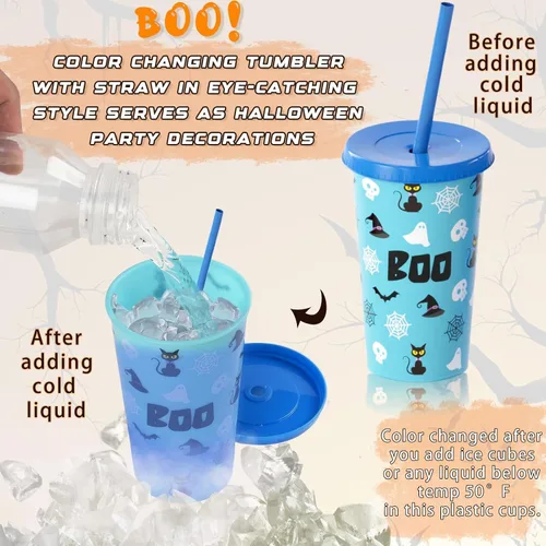 Miniatura 4 de OOINQQ Vasos que cambian de color de Halloween para niños, 6 vasos de plástico de 12 onzas con tapa y popote en 6 colores para café, té, bebidas
