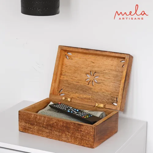 Miniatura 6 de Mela Artisans Caja de recuerdo de madera Memoria de madera de mango quemado Caja de almacenamiento de fotos con tapa con bisagras Caja