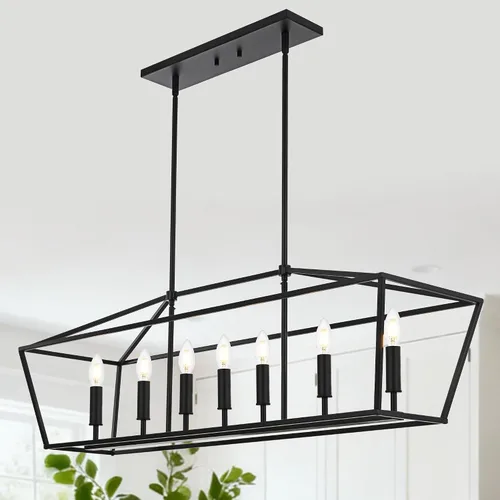 Miniatura 12 de Lámpara moderna de 5 luces para isla de cocina en acabado dorado, lámpara colgante industrial con marco de metal para comedor, vestíbulo, cafetería