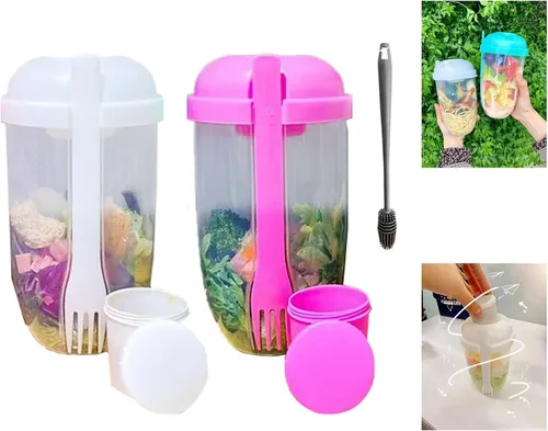 Miniatura 7 de Vaso coctelero de ensalada Keep Fit 2022 con tenedor y soporte para aderezo, cepillo de lavado fresco, recipiente de salud, desayuno portátil