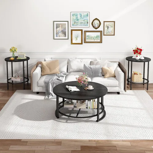 Miniatura 8 de DKLGG Mesas de centro negras de 3 piezas para sala de estar, mesa de centro redonda de madera de 3 piezas, mesas auxiliares y mesas auxiliares