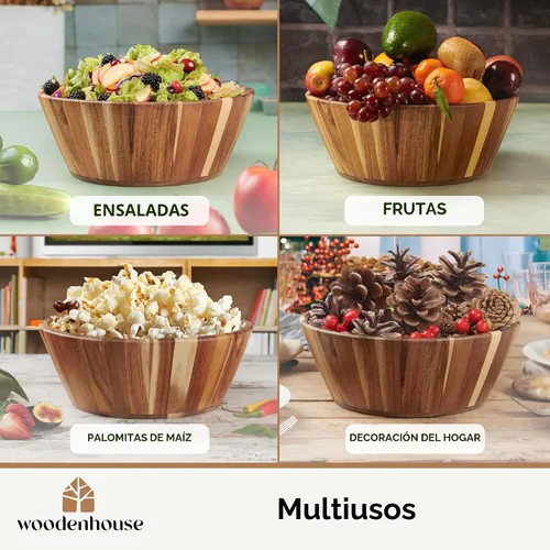 Miniatura 4 de Woodenhouse Tazón de ensalada de madera, tazón para ensalada, tazón de madera - 12" Diseño redondo, tazón de frutas hecho a mano, duradero