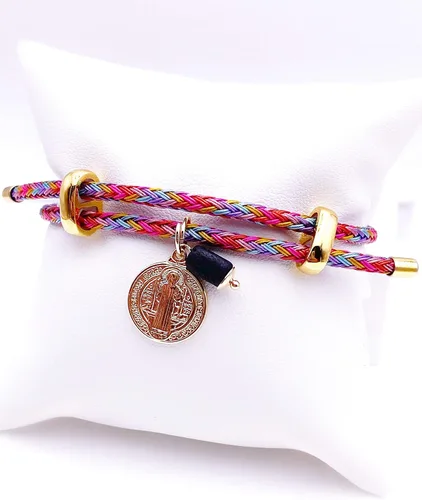 Miniatura 4 de Pulsera chapada en oro de 18 quilates de San Benito con dije de piedra auténtica de azabache Adjustable Cuerda Chapado en oro