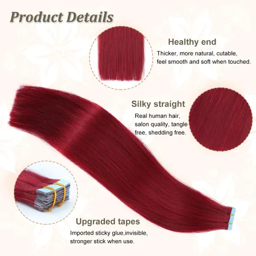 Miniatura 3 de Extensiones de cabello humano con cinta, color borgoña #99J, sin costuras, trama de piel, invisible, color rojo vino, extensiones de cabello lacio