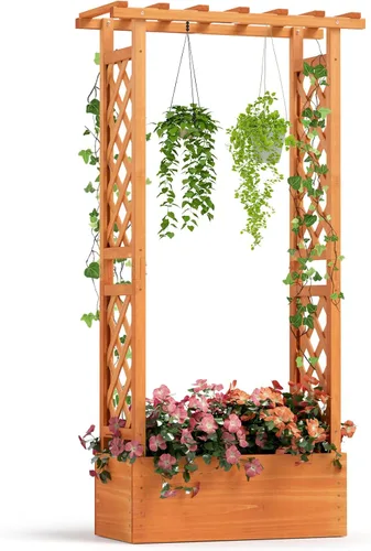 Miniatura 15 de Giantex Cama de jardín elevada con enrejado y techo colgante, jardinera de madera con parte inferior y agujeros de drenaje, maceta de jardín