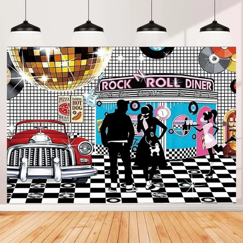 Telón de fondo de fotos de estilo retro disco – Rollo de rock de los años 50, baile de graduación, cumpleaños, comedor, decoración de fiesta, cartel