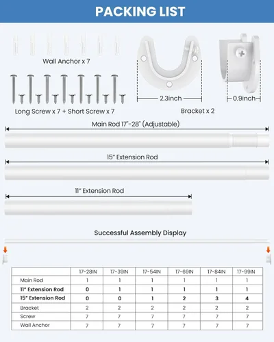 Miniatura 7 de Supforce Barras de armario para colgar ropa, de 17 a 69 pulgadas ajustables sin escalones, barra de armario de metal, barra para colgar ropa de alta