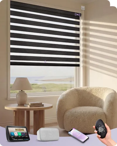 Miniatura 18 de Graywind Persianas motorizadas de cebra para ventanas, persianas inteligentes 100 % opacas con control remoto, persianas de cebra personalizadas