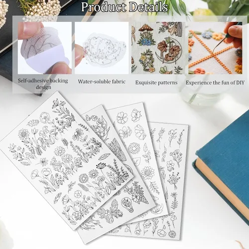 Miniatura 3 de 4 hojas preimpresas de flores silvestres y arbustos florecientes solubles en agua, estabilizador de patrón de bordado soluble en agua, patrones