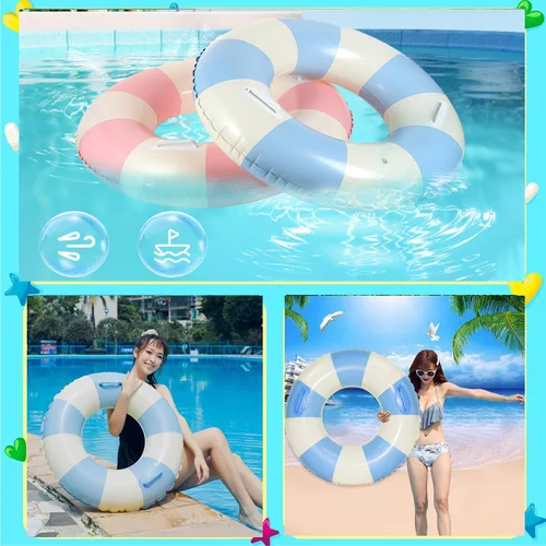 Miniatura 6 de Flotadores inflables de piscina para adultos, paquete de 2 flotadores a rayas, tubos de piscina, anillos de natación con asas, flotador inflable