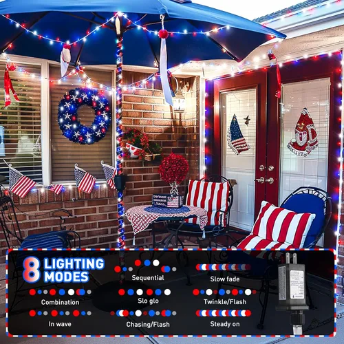 Miniatura 2 de JMEXSUSS Luces rojas blancas y azules con cable transparente, 66 pies, 200 luces LED para decoración del 4 de julio, luz de Navidad para celebración