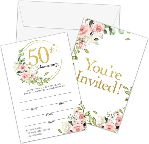 Miniatura 10 de Tarjetas de invitaciones de 50 aniversario, invitaciones de aniversario de boda con purpurina negra y dorada con sobres, tarjetas de invitaciones