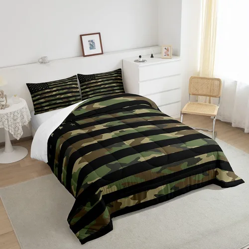Miniatura 4 de Feelyou Juego de edredón de camuflaje del ejército con bandera estadounidense, decoración militar, camuflaje verde selva, bandera de Estados Unidos