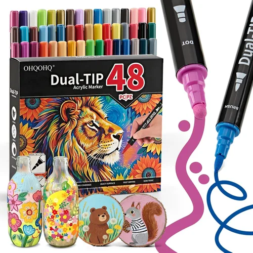 Marcadores de pintura acrílica de 48 colores, punta doble con punta fina y punta de pincel, marcadores acrílicos para pintura roca, lienzo, madera,