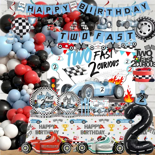 Miniatura 2 de Dos decoraciones de cumpleaños de 2º cumpleaños de auto de carreras rápidas, incluyen plato, taza, servilleta, telón de fondo, pancarta, mantel