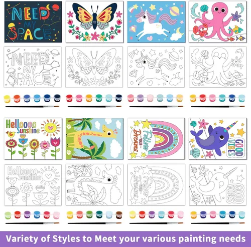 Miniatura 3 de goldentime Juego de 8 lienzos predibujados de 5 x 7 pulgadas, pintura por números para niños, 48 pinturas, 8 pinceles, 2 caballetes, kit de pintura