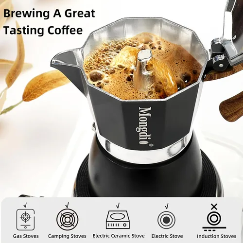 Miniatura 3 de Mongdio Cafetera de café expreso Moka Pot, cafetera cubana, cafetera de estufa Moka Italian Espresso Greca, cafetera percoladora, 3 tazas de Negro