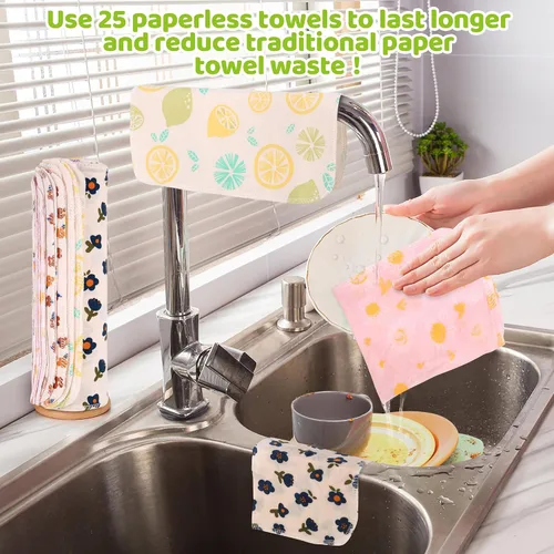 Miniatura 6 de Toallas de Papel Reutilizables Lavables en Rollo, 25 Paquetes de Toallas de Papel de Franela con Estampados de Algodón Lavables, 10 X 10 pulgadas