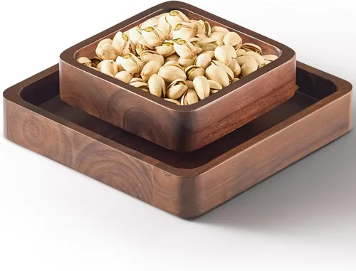 Miniatura 7 de FANATU Tazón de aperitivos de madera con almacenamiento de cáscara, cuenco de nueces con soporte doble para semillas de girasol, cacahuetes, Marrón