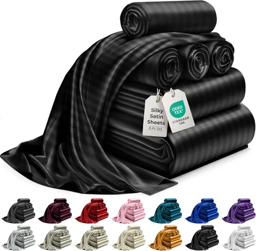 Miniatura 50 de DECOLURE Sábanas de satén para cama - Juego de 6 piezas de ropa de cama de lujo sedosa tamaño King - Más suave que la seda, sin arrugas con sábana