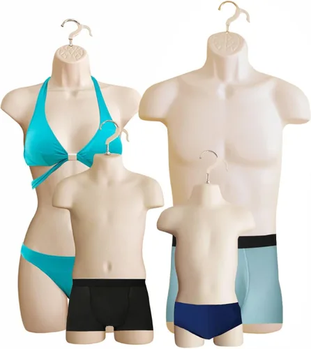 Miniatura 19 de 4 formas de maniquí negro con soportes de metal - Juego de maniquíes colgantes de torso largo para hombre, mujer, niño y bebé con cadera