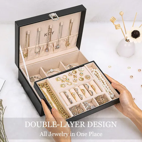 Miniatura 3 de KCY Organizador de joyas para mujeres y niñas, estuche grande de cuero sintético con soporte de exhibición de 2 capas y bandeja extraíble