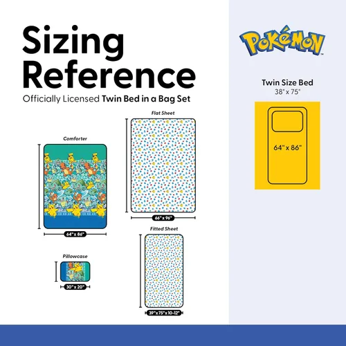 Miniatura 9 de Northwest Juego de cama individual en una bolsa – Diseño Pokémon First Starters – Juego de cama de 5 piezas con edredón, sábana bajera, sábana