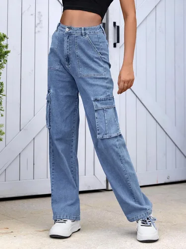 Miniatura 3 de ZMPSIISA Pantalones cargo de cintura alta para mujer, pantalones casuales de pierna ancha, 6 bolsillos, pantalones militares de combate