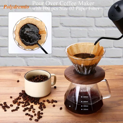 Miniatura 2 de Cafetera de Café con Filtro de Papel, 20 oz, Jarra de Vidrio de Borosilicato con 100 Filtros Tamaño 02, Mango de Nogal y Tapa de Vidrio, 600 ml