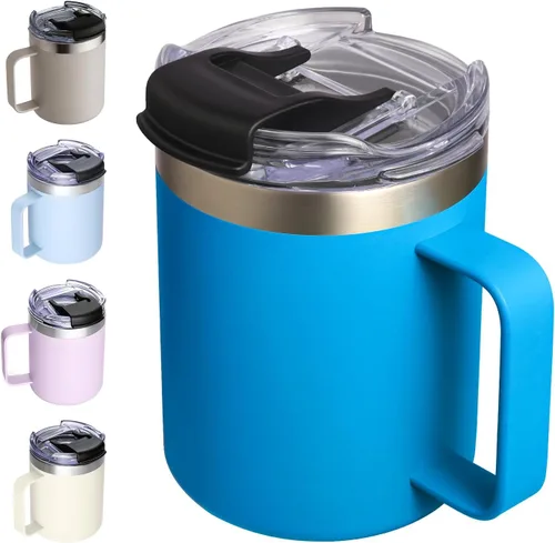 Miniatura 35 de Taza de café aislada de 12 onzas con asa, taza de café de viaje de acero inoxidable con tapa abatible, vaso de café de doble pared con aislamiento