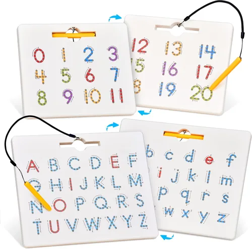 GAMENOTE Juego de tableros magnéticos de letras y números de doble cara - Tablero de trazado de alfabeto y números para niños pequeños, práctica de