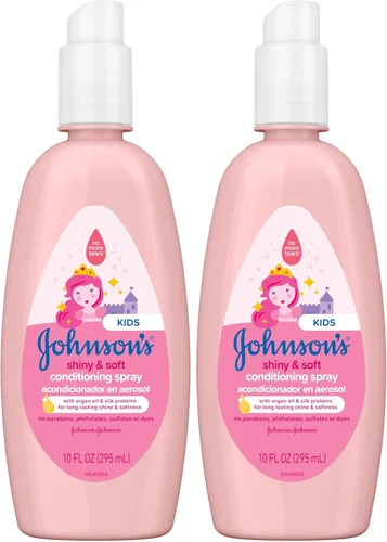 Johnson's Kids - Spray acondicionador para cabello brillante y suave con aceite de argán y proteínas de seda, spray acondicionador sin desgarros