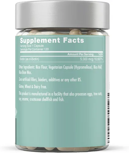 Miniatura 8 de Suplemento Biotin 0.00017 oz, 120 cápsulas vegetarianas (para el crecimiento del cabello, piel y uñas)