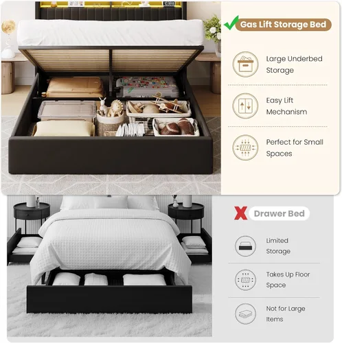 Miniatura 4 de SHA CERLIN - Estructura de cama de tamaño matrimonial con almacenamiento elevado/Luces LED/Estación de carga/Cabecero con estantes de 2 niveles/USB