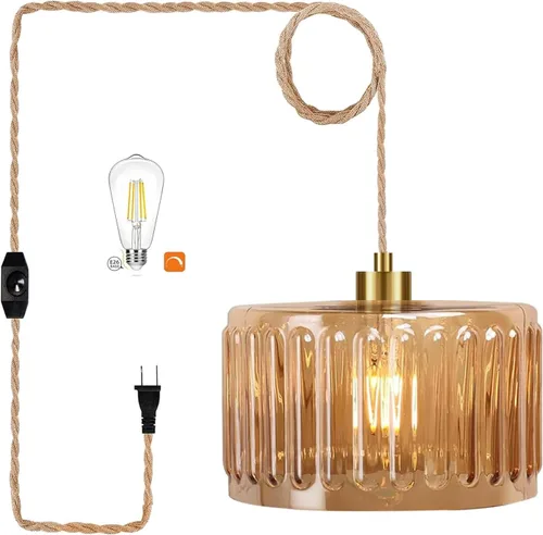 Miniatura 15 de QIYIZM Lámpara colgante enchufable con cable de enchufe, lámpara colgante bohemia regulable, pantalla de bambú tejida de mimbre de ratán, lámpara