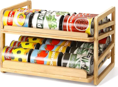 Yumkfoi Estante organizador de latas de bambú, apilable de doble capa y almacenamiento para despensa, dispensador de productos enlatados para