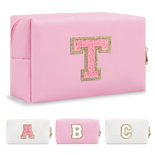 Miniatura 212 de Pequeña bolsa de maquillaje personalizada con inicial A-Z Preppy Patch, bolsa de cosméticos de viaje de felpilla blanca con cremallera, bonita bolsa