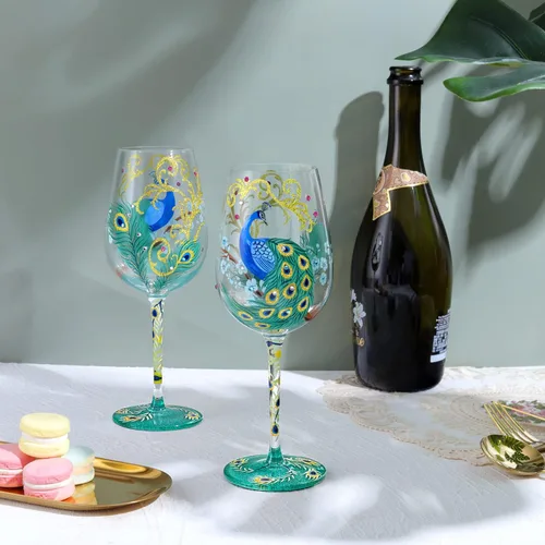 Miniatura 2 de NymphFable Copa de vino pintada a mano color pavo real, diseño artesanal pintado 15oz, regalo personalizado para tu mejor amigo