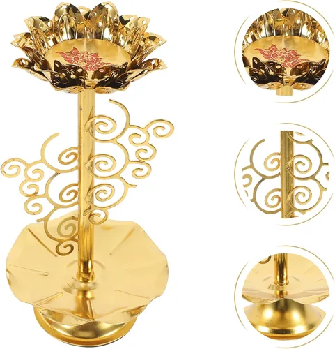 Miniatura 4 de 2 portavelas de loto de aleación dorada, soporte de lámpara de mantequilla budista para meditación, altar del hogar y decoración del templo, diseño