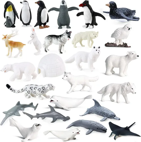 SIENON Paquete de 26 figuras de animales polares, mini criaturas marinas árticas antárticas de plástico, pingüino, oso polar, morsa, búho nevado,