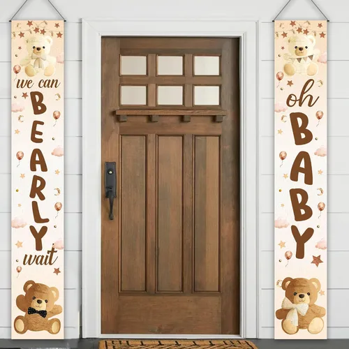 Decoración de baby shower con texto en inglés «We Can Bearly Wait», 2 unidades, oso para baby shower, porche, letrero de revelación de género,