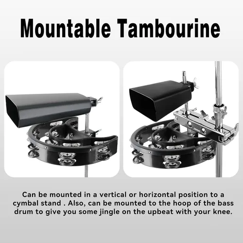 Miniatura 4 de EASTROCK Pandereta de Batería con Perno de Ojo de Montaje, Pandereta para Batería, Pandereta Hi Hat con Doble Fila de Cascabeles (Negro)