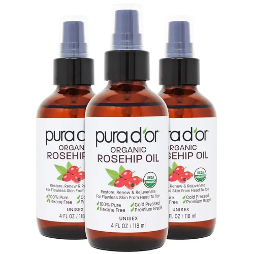 PURA D'OR Aceite ORGÁNICO de Semilla de Rosa Mosqueta Relajante Capilar (4 Oz x3 = 12 Oz) 100% Puro Prensado en Frío Certificado USDA Totalmente