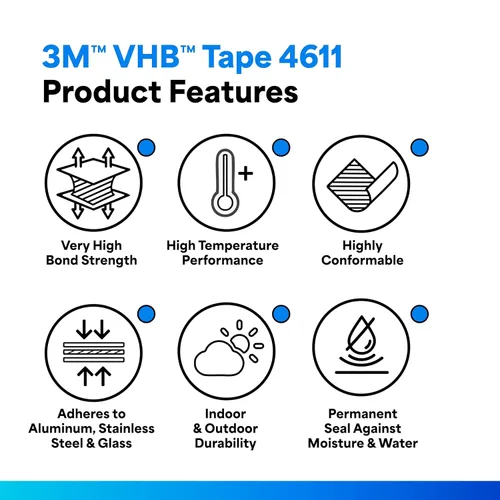 Miniatura 2 de 3M Cinta de espuma VHB 4611, 0.47 pulgadas x 36 yardas, gris oscuro, doble cara, permanente, duradera a largo plazo, resistente a altas temperaturas