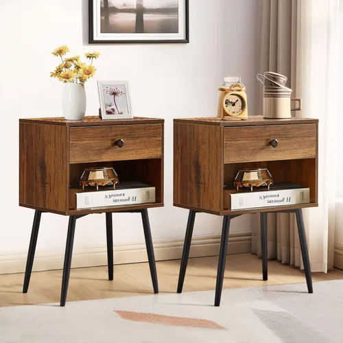 Miniatura 10 de VECELO Juego de 2 mesitas de noche, mesa de noche moderna de mediados de siglo, mesita de noche con cajón de almacenamiento y estante abierto de 2