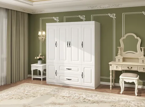 Miniatura 7 de Armario Armario Armario: Armario grande de madera blanca para dormitorio, armario de madera con 4 puertas, 2 cajones, armario alto con estantes y 2