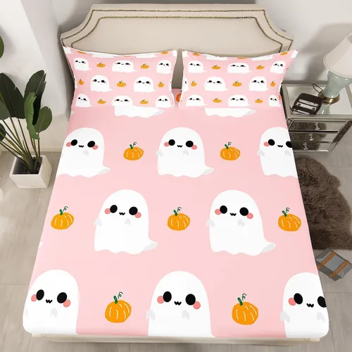 Miniatura 2 de Erosebridal Juego de sábanas de Halloween con diseño de fantasmas de dibujos animados, decoraciones de calabaza de Halloween, juego de sábanas